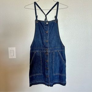 American Eagle Denim Bib Dress Jumper Overall Pockets Raw Hem Distressed